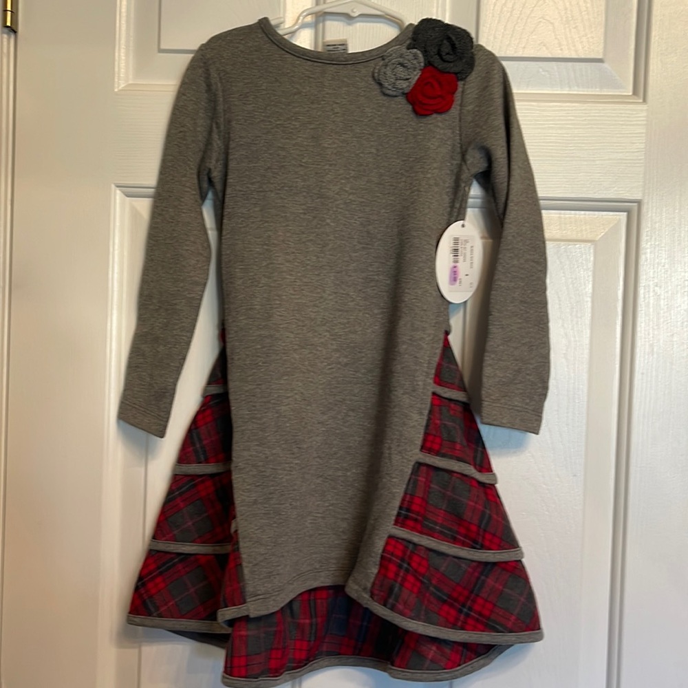 Holiday dress soft gray and red plaid swing skirt